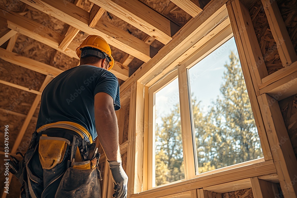 A construction worker is working on the wooden frame : Generative AI A construction worker is working on the wooden frame : Generative AI