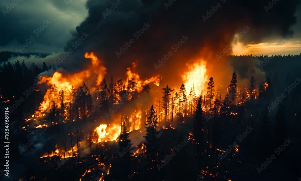 A dramatic aerial view of a forest fire engulfing trees and emitting thick smoke. A dramatic aerial view of a forest fire engulfing trees and emitting thick smoke.