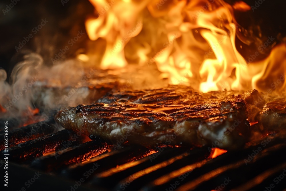 Close-up of sizzling steaks grilling on a hot grill with flames and smoke. Close-up of sizzling steaks grilling on a hot grill with flames and smoke.