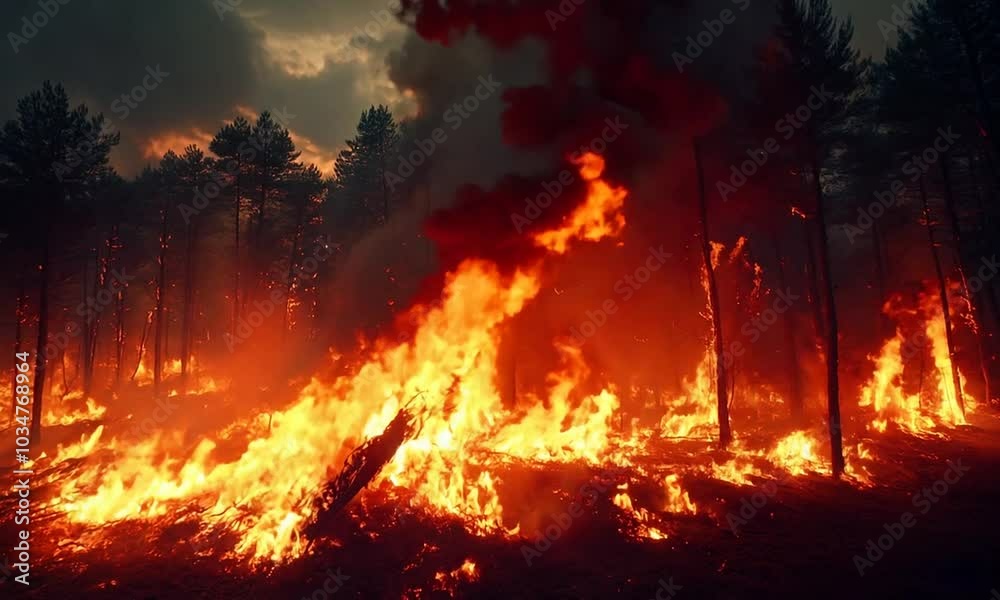 A forest engulfed in flames, showcasing the destructive force of wildfires. A forest engulfed in flames, showcasing the destructive force of wildfires.
