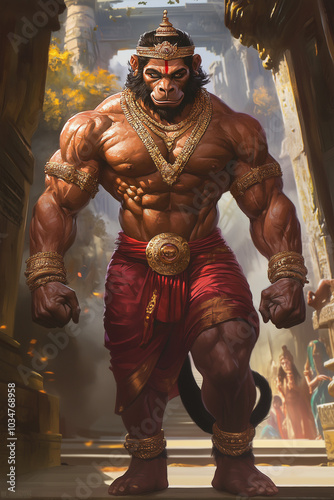 A powerful illustration of Lord Hanuman standing in a Temple