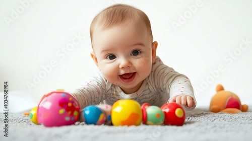 Adorable Baby Surrounded by Colorful Toys in Bright Environment