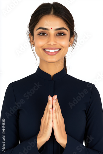 A modern female Indian flight attendant wearing navy blue attire, smiling and clasping her hands in namaste, standing upright against a White background
