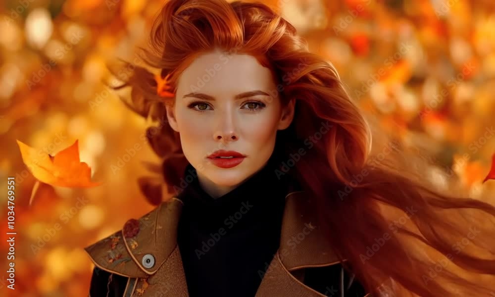 striking portrait of a woman with flowing red hair, dressed in intricate, medieval-style armor. The autumn leaves surrounding her create a vibrant orange background, adding to the fiery striking portrait of a woman with flowing red hair, dressed in intricate, medieval-style armor. The autumn leaves surrounding her create a vibrant orange background, adding to the fiery