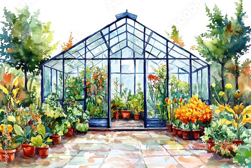 A vibrant greenhouse filled with colorful plants and flowers, surrounded by greenery, showcasing a harmonious blend of nature and architecture.