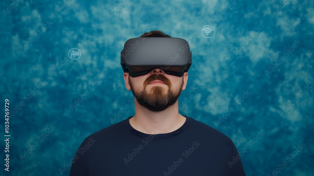 A man wearing VR goggles stands against a textured blue background, immersed in a virtual reality experience. A man wearing VR goggles stands against a textured blue background, immersed in a virtual reality experience.