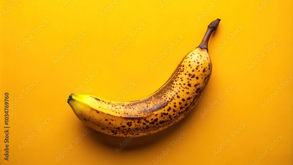 Ripe banana with brown spot on yellow background Ripe banana with brown spot on yellow background