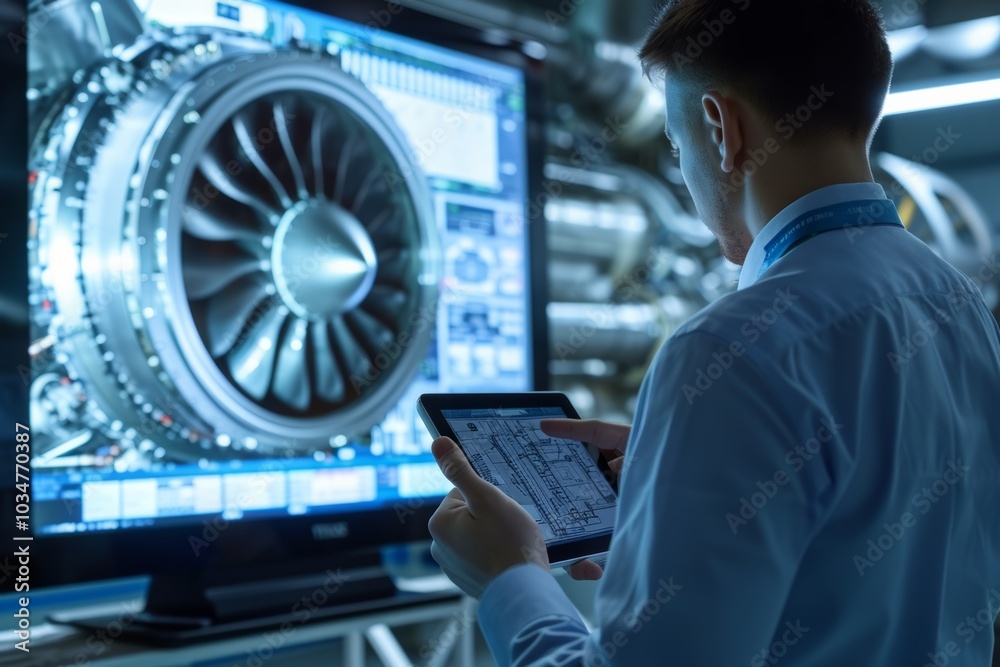 Technician analyzes jet engine performance data using a tablet and large display in a modern aviation facility