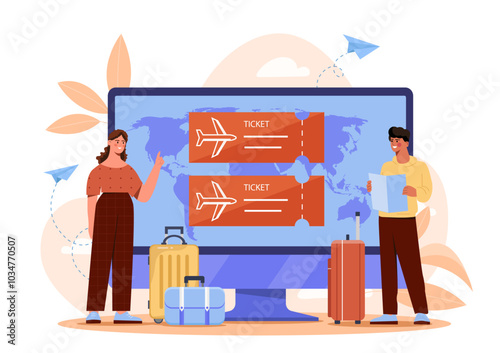 Tourists buy tickets online. Man and woman with suitcases near computer screen with airplane tickets. Vacation and holiday. Flat vector illustration isolated on white background