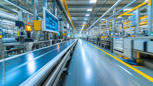 Close-up view of empty mass production assembly line in an industrial plant. Industry, production, manufacture, factory background.