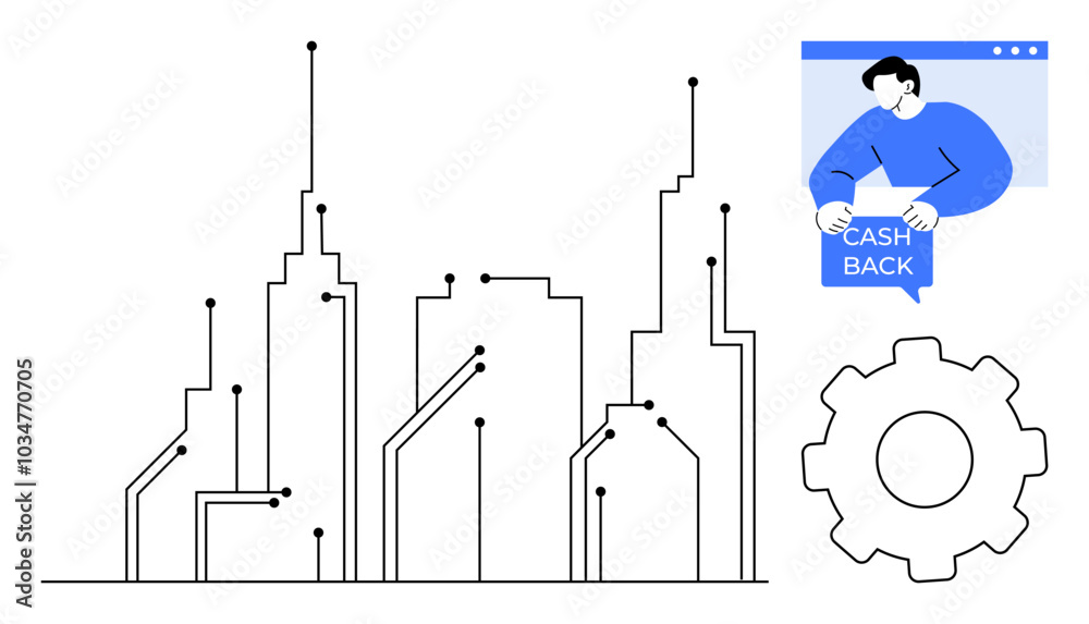 A modern urban landscape with circuit-like lines, a person holding a cashback sign, and a gear symbol. Ideal for technology, finance, urban development, automation, and innovation themes. Simple line A modern urban landscape with circuit-like lines, a person holding a cashback sign, and a gear symbol. Ideal for technology, finance, urban development, automation, and innovation themes. Simple line