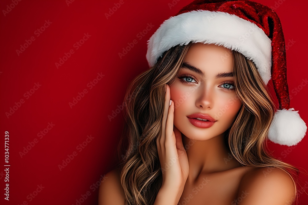 a beautiful woman with wavy hair, wearing a Santa Claus hat : Generative AI a beautiful woman with wavy hair, wearing a Santa Claus hat : Generative AI