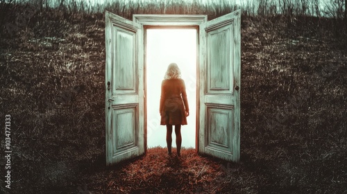 A figure stands before an open doorway, bathed in light, set against a barren landscape, suggesting themes of hope, transition, and new beginnings. photo