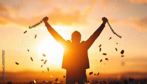 A person triumphantly raises broken chains against a vibrant sunset, symbolizing freedom and liberation. photo