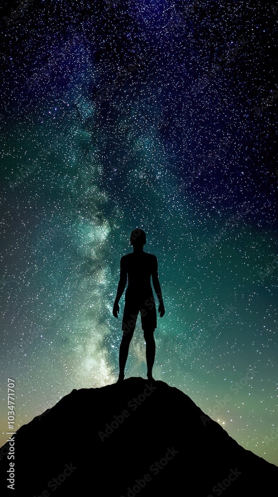 Fototapeta premium A silhouette of a person stands atop a hill, gazing at a stunning star-filled night sky with a visible Milky Way.