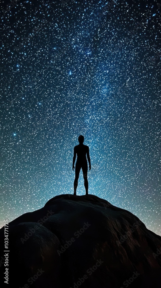 Fototapeta premium A silhouette of a person stands on a rock under a starry night sky, capturing the vastness and beauty of the universe.