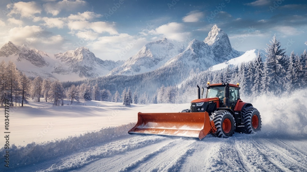 A snowplough working to remove snow from a road after a winter storm. Winter road clearing A snowplough working to remove snow from a road after a winter storm. Winter road clearing
