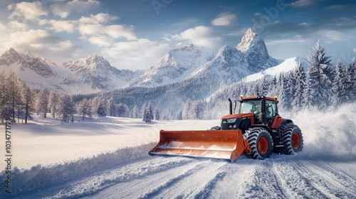 A snowplough working to remove snow from a road after a winter storm. Winter road clearing