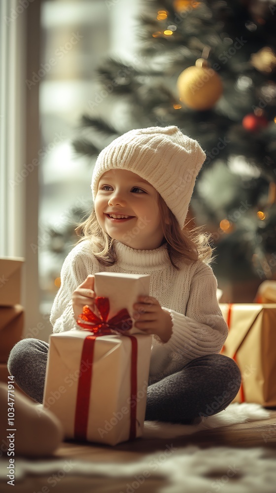 A child wearing a hat joyfully receives a gift : Generative AI A child wearing a hat joyfully receives a gift : Generative AI