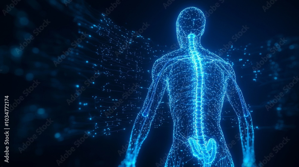 A futuristic holoscan of the human nervous system, highlighting the spinal cord and branching nerves in glowing blue light