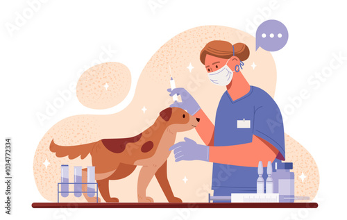 Veterinarian doctor with dog. Woman in medical uniform gives injection to puppy. Healthcare and medicine. Diagnosis and treatment. Flat vector illustration isolated on white background