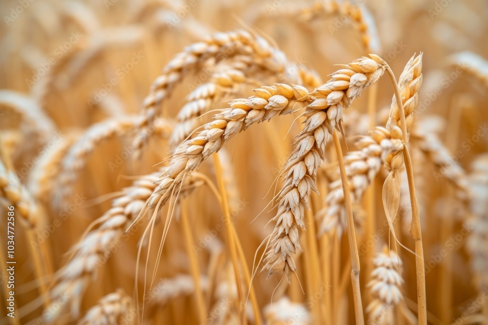 Golden wheat stalks gently sway in the breeze under a clear blue sky during the harvest season in rural farmland
