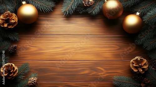 PThe photo is taken from above. light wood table with fir branches details : Generative AI photo