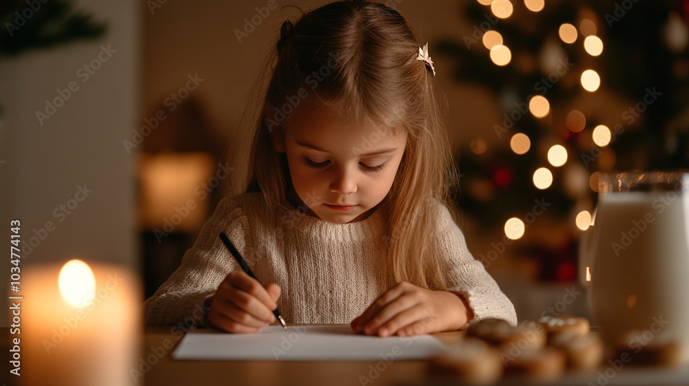 child writing letter to Santa by candlelight, surrounded by festive decorations and cookies, evokes warm and magical holiday spirit child writing letter to Santa by candlelight, surrounded by festive decorations and cookies, evokes warm and magical holiday spirit