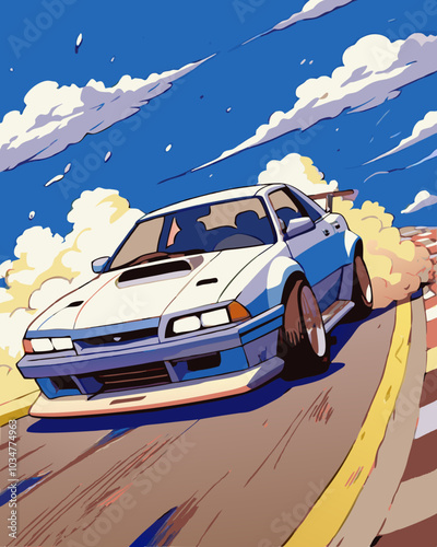 drift racing car anime illustration style