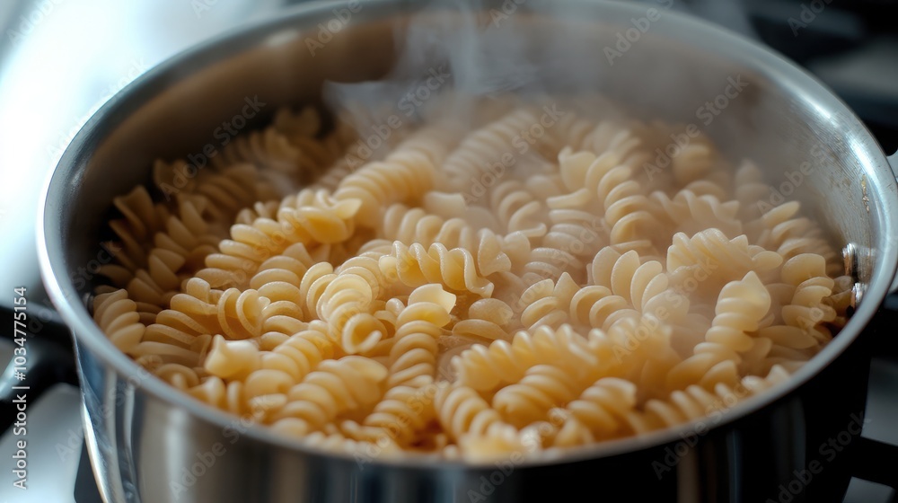 Steam Rising from Cooking Spiral Pasta in Pot