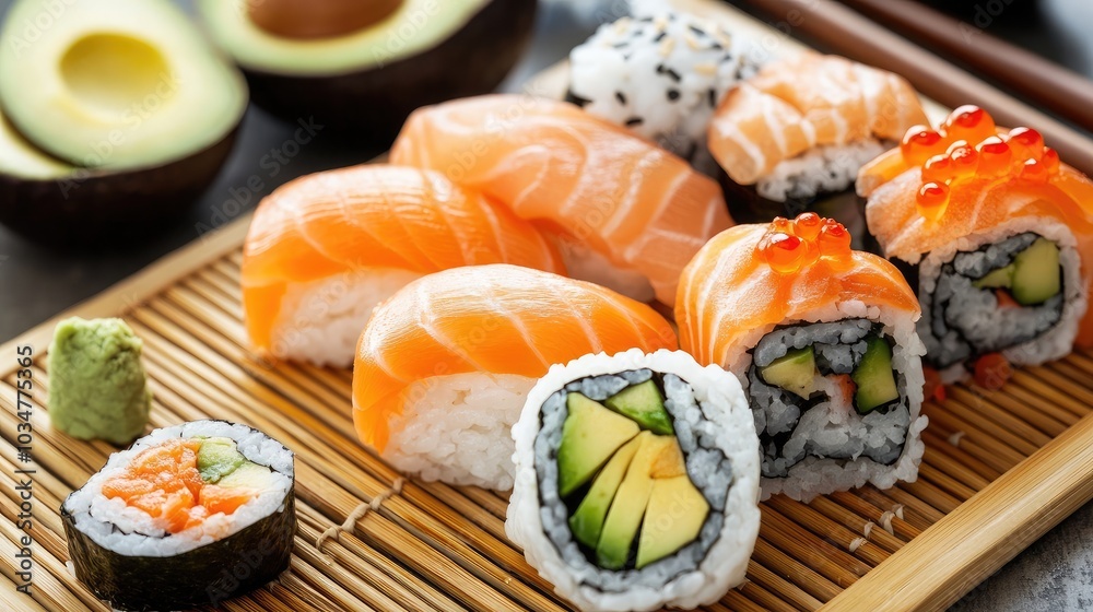 Fresh Sushi Platter with Avocado and Salmon Delight Fresh Sushi Platter with Avocado and Salmon Delight