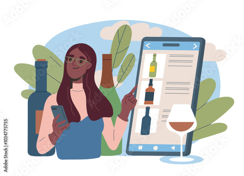 Woman buy alcohol online. Young girl with bottle of wine near smartphone screen. Person with alcoholic drink at beverage. Flat vector illustration isolated on white background