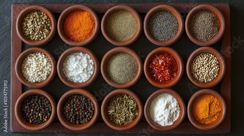 Colorful Assortment of Spices in Wooden Bowls