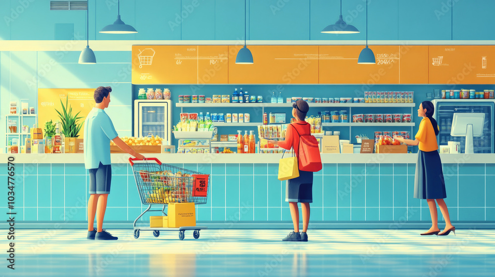 Obraz premium Fruit and vegetable stalls and shoppers in the market