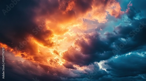 A dramatic sunset with dark clouds and vivid colors, creating a striking contrast in the sky