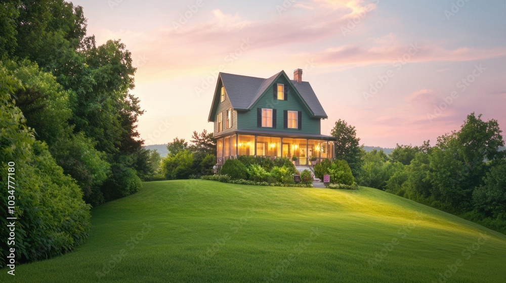 Fototapeta premium Charming green house on a hill surrounded by lush greenery.