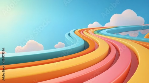 Colorful abstract curves, blue sky and clouds, vibrant design.