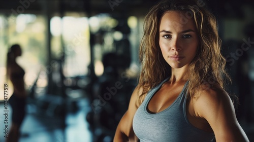 A vibrant portrait of a young European female fitness enthusiast in a gym setting, showcasing strength and determination. Perfect for fitness and lifestyle themes.