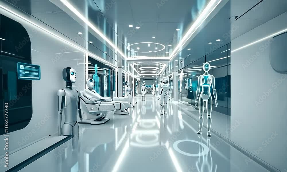 A futuristic corridor with white walls and a blue glowing screen on the left, featuring a robot standing in the center. A futuristic corridor with white walls and a blue glowing screen on the left, featuring a robot standing in the center.