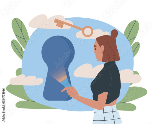 Woman looking way out. Young girl with flashlight and key near keyhole. Finding solution and decision. Freedom and dream, discovery. Flat vector illustration isolated on white background
