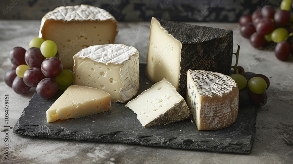 Artful Cheese Selection on Slate Board with Grapes Artful Cheese Selection on Slate Board with Grapes