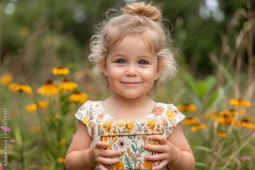 Little girl with blonde hair wearing a floral dress holding a colorful gift box while standing in a field of yellow flowers, smiling innocently, with natural sunlight and greenery creating a calm Little girl with blonde hair wearing a floral dress holding a colorful gift box while standing in a field of yellow flowers, smiling innocently, with natural sunlight and greenery creating a calm