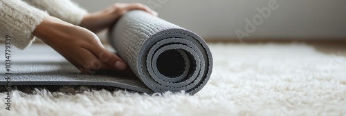 Close-up of a woman's hands unrolling a yoga mat on a white floor at home