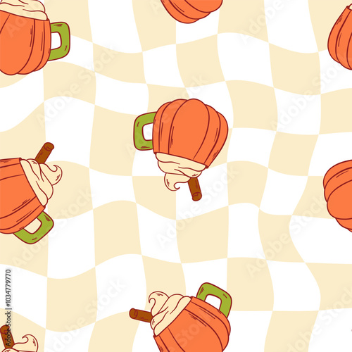 Pumpkin Spice Mug Seamless Pattern with Whipped Cream and Cinnamon Stick