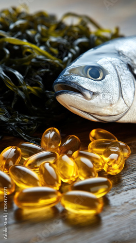 A fish is on a table with a pile of fish oil pills. The fish is surrounded by seaweed