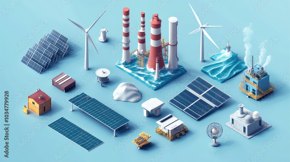 Wind turbines and solar energy, models, icon sets Wind turbines and solar energy, models, icon sets