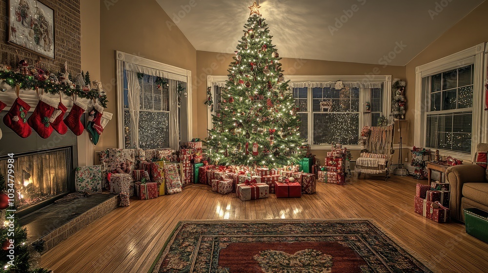Cozy Holiday Living Room with Festive Christmas Tree Cozy Holiday Living Room with Festive Christmas Tree
