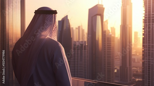 An middle eastern arabian business person looking out over a modern city skyline
