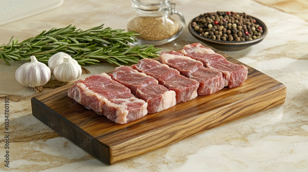 Fresh Raw Meat on Wooden Cutting Board with Spices