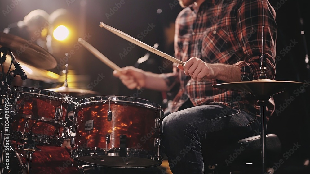 Naklejka premium A man is playing drums in a band